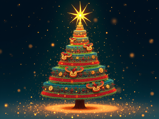 A Christmas tree decorated with traditional Huichol symbols like the sun and peyote in vibrant colors such as red, green, blue, and orange. Subtle festive elements like stars complement the design.