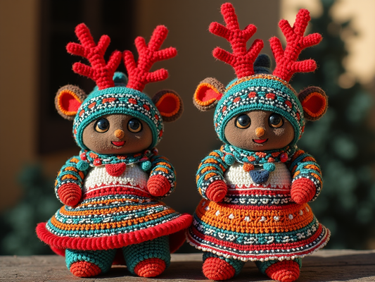 Two handcrafted dolls wearing traditional indigenous clothing with deer antlers. The dolls are decorated in vibrant colors reminiscent of Huichol beadwork patterns.