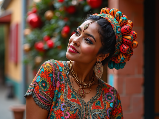 A woman wearing colorful traditional attire with intricate patterns inspired by Huichol art. A blurred Christmas tree with red ornaments is seen in the background.