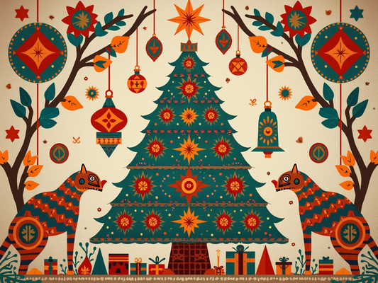 A Christmas tree decorated with intricate geometric patterns inspired by Cacaxtla murals in vibrant colors like Maya Blue and terracotta. Pre-Hispanic symbols such as jaguars and birds are subtly integrated into the festive design.