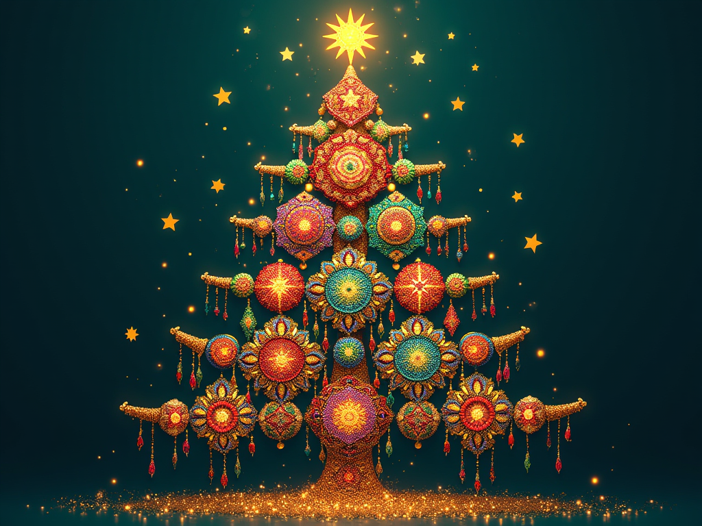 A Christmas tree made from Huichol-inspired dreamcatchers in vibrant colors like red, green, blue, and gold. The tree is decorated with tinsel and stars alongside traditional Huichol symbols such as the sun.