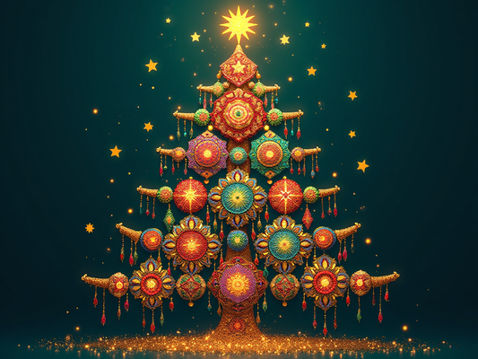 A Christmas tree made from Huichol-inspired dreamcatchers in vibrant colors like red, green, blue, and gold. The tree is decorated with tinsel and stars alongside traditional Huichol symbols such as the sun.