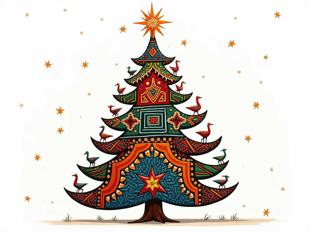 A Christmas tree combining Huichol yarn patterns with Cacaxtla-inspired geometric designs in vibrant colors like Maya Blue, red, and terracotta. The tree is adorned with small alebrije figures and subtle pre-Hispanic symbols on a transparent background.