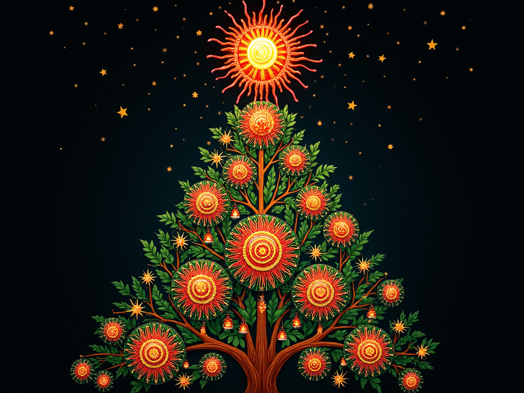 A colorful Christmas tree made from Huichol dreamcatchers with vibrant beadwork patterns in red, green, and gold. The tree is decorated with tiny alebrije ornaments and glowing stars in a dark background.