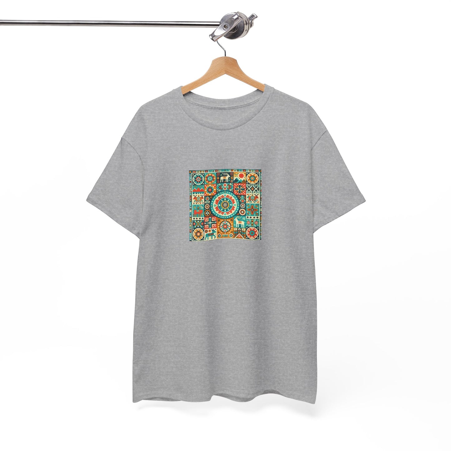 Huichol Geometric Harmony Unisex Tee - Vibrant Mosaic Pattern - Small Design - 100% Cotton - Sustainable and Ethically Made - Express Delivery Available