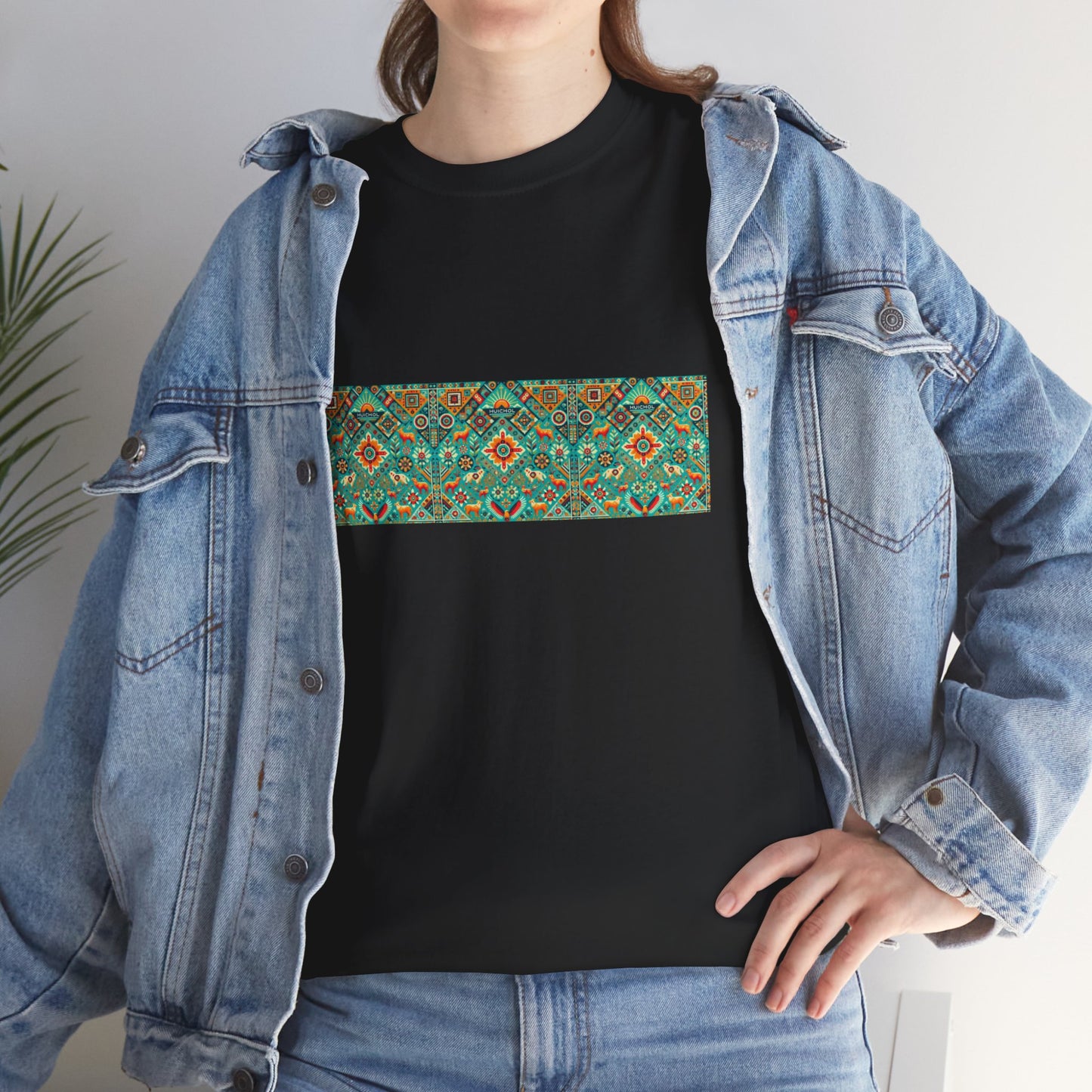 Huichol Nature's Symphony Unisex Tee - Sun and Flora Pattern - Triple Small Design - 100% Cotton - Sustainable and Ethically Made - Express Delivery Available