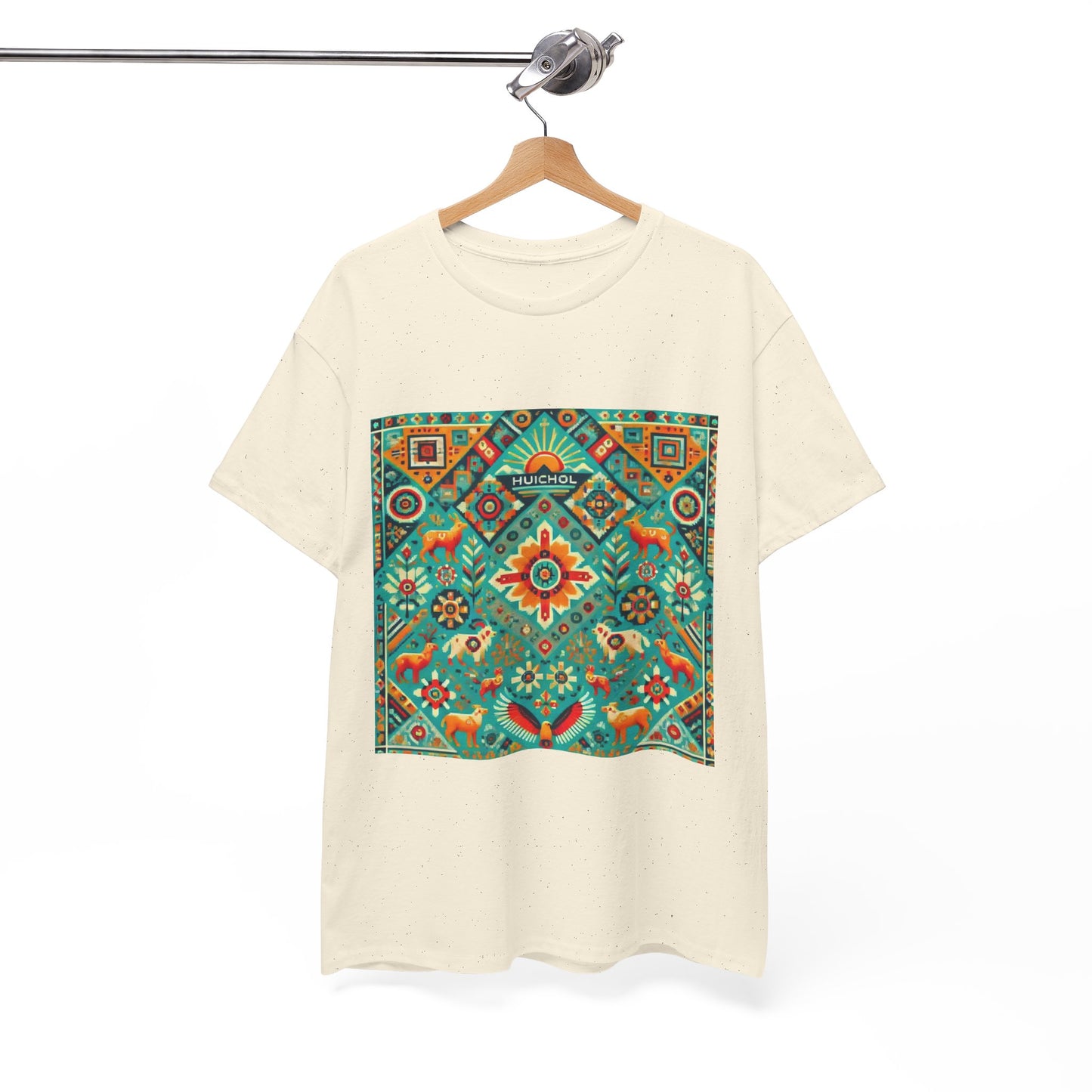 Huichol Nature's Symphony Unisex Tee - Sun and Flora Pattern - Medium Design - 100% Cotton - Sustainable and Ethically Made - Express Delivery Available