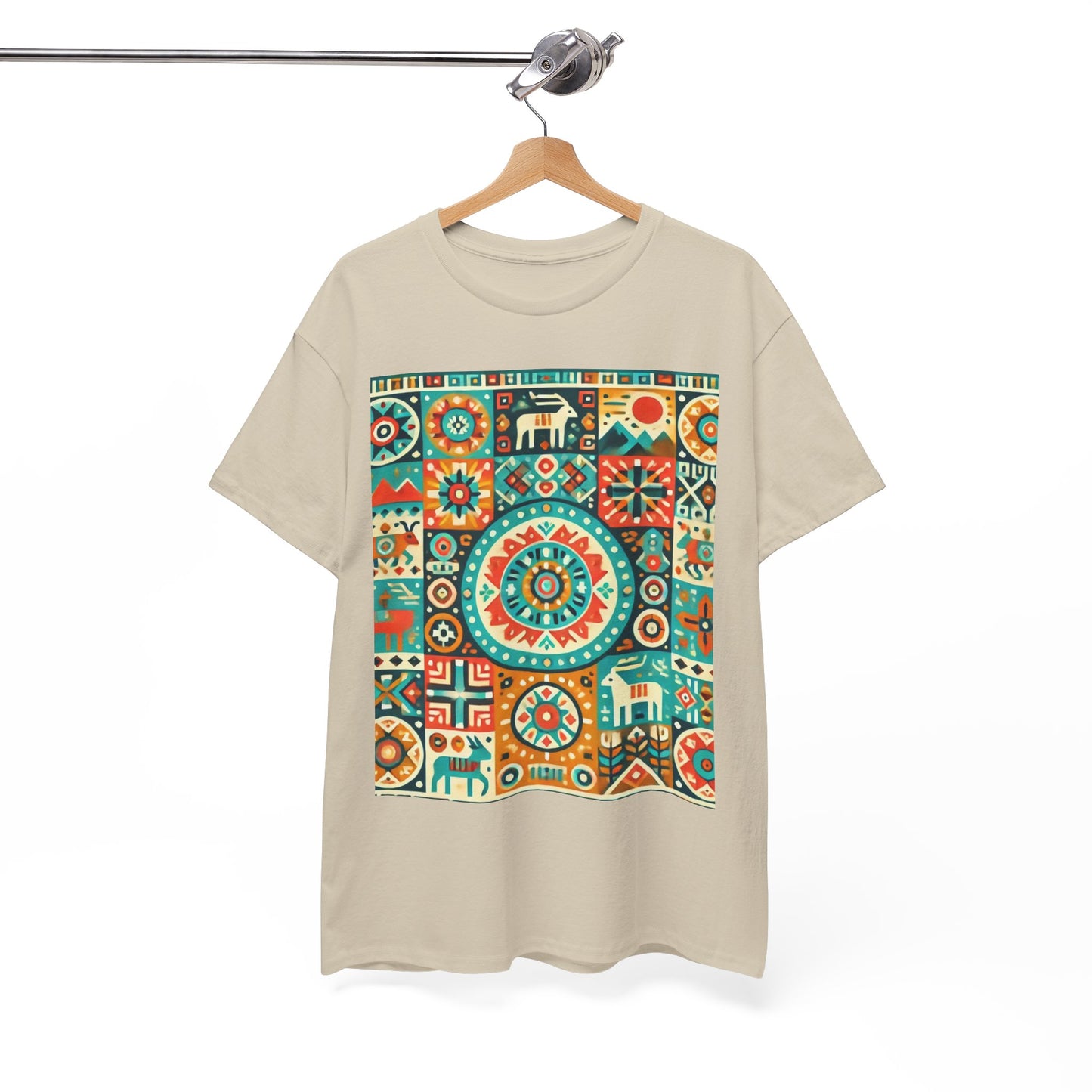 Huichol Geometric Harmony Unisex Tee - Vibrant Mosaic Pattern - Large Design - 100% Cotton - Sustainable and Ethically Made - Express Delivery Available