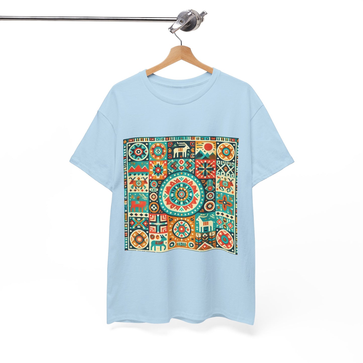 Huichol Geometric Harmony Unisex Tee - Vibrant Mosaic Pattern - Medium Design - 100% Cotton - Sustainable and Ethically Made - Express Delivery Available