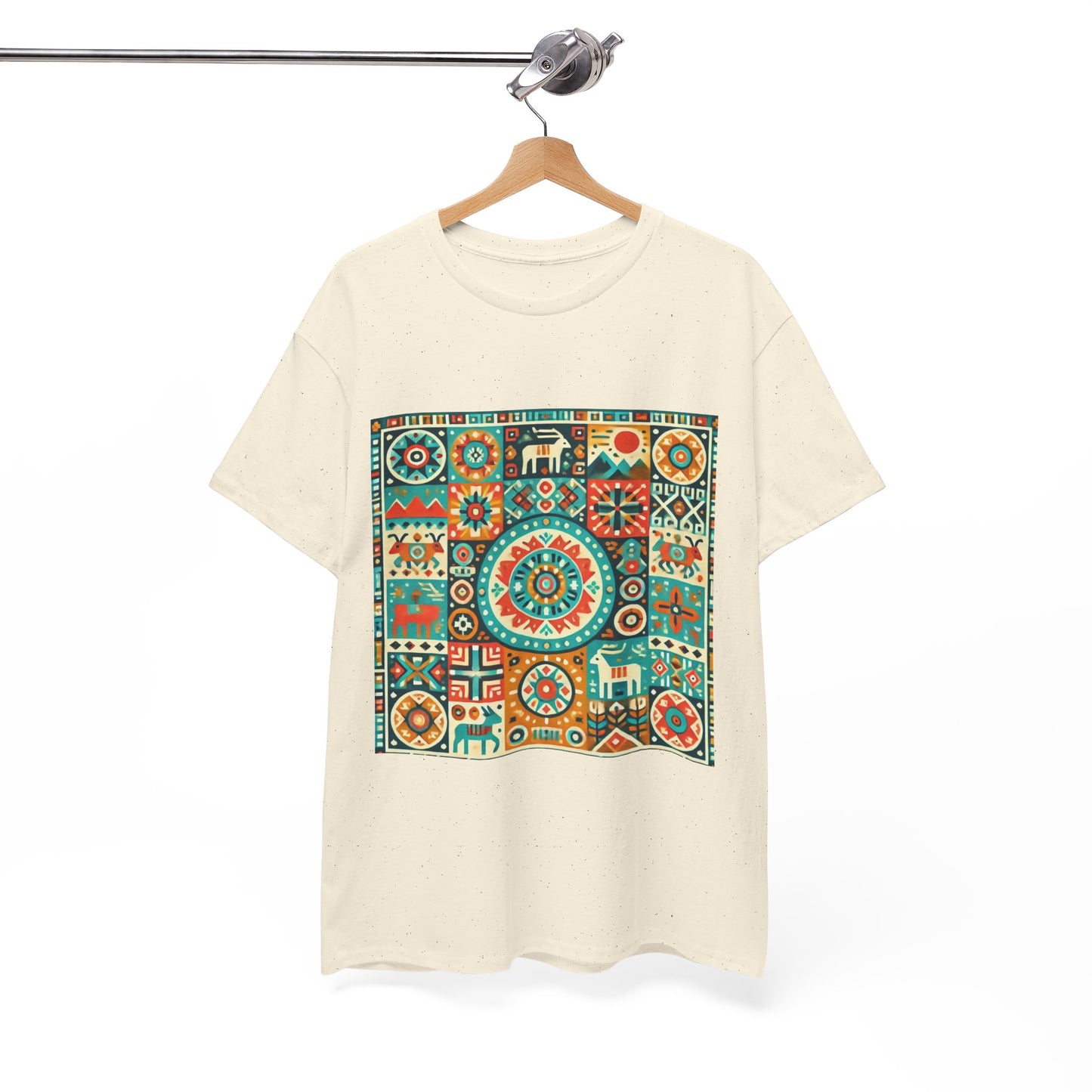 Huichol Geometric Harmony Unisex Tee - Vibrant Mosaic Pattern - Medium Design - 100% Cotton - Sustainable and Ethically Made - Express Delivery Available