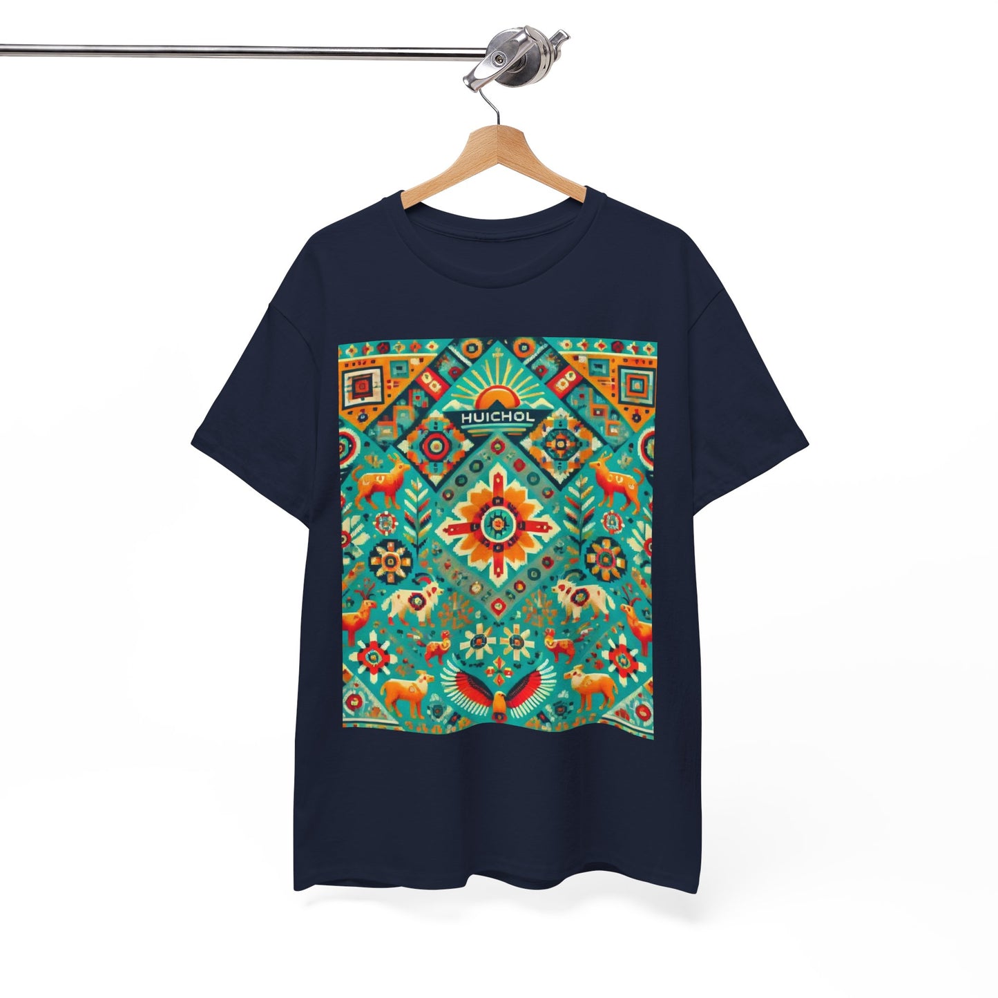 Huichol Nature's Symphony Unisex Tee - Sun and Flora Pattern - Large Design - 100% Cotton - Sustainable and Ethically Made - Express Delivery Available