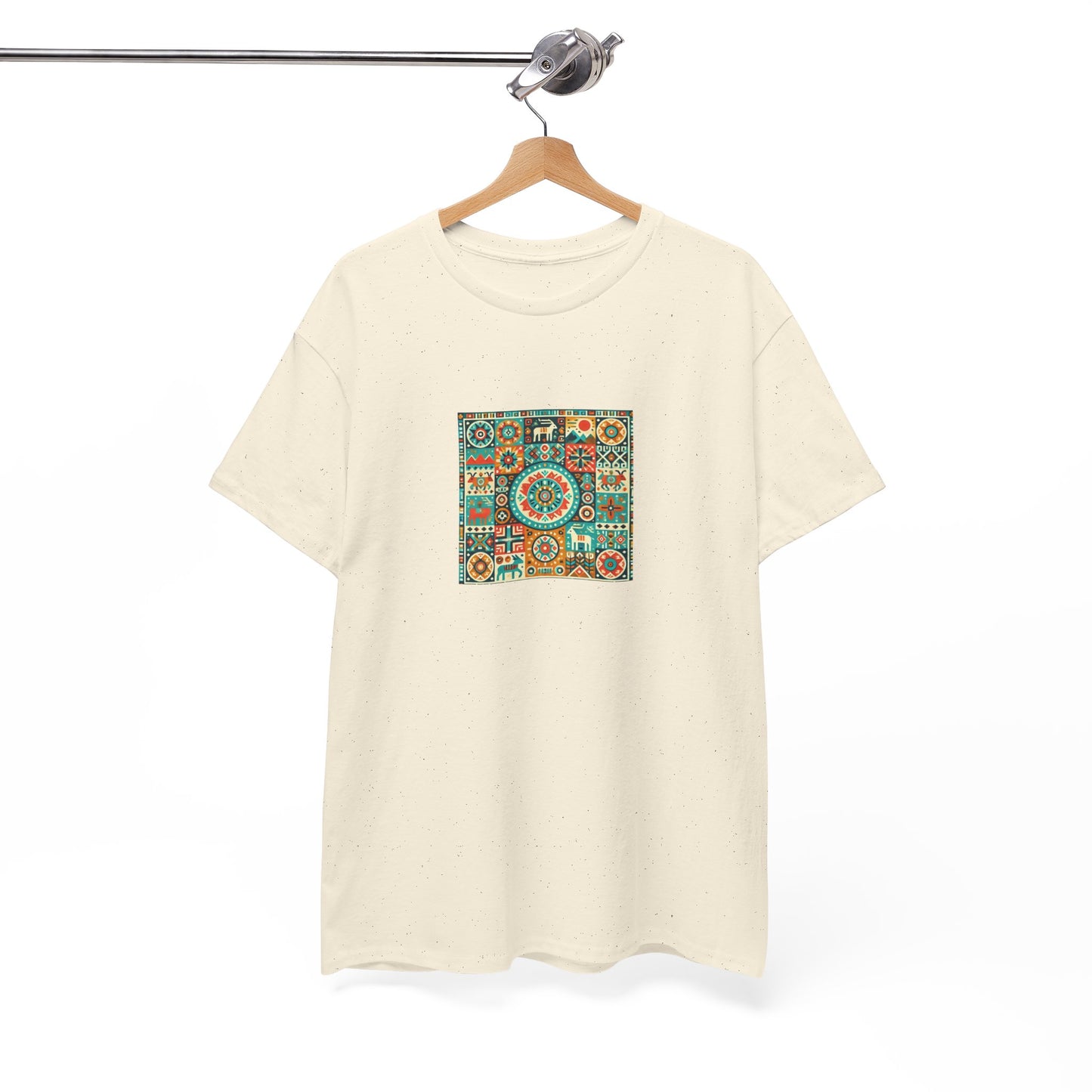 Huichol Geometric Harmony Unisex Tee - Vibrant Mosaic Pattern - Small Design - 100% Cotton - Sustainable and Ethically Made - Express Delivery Available