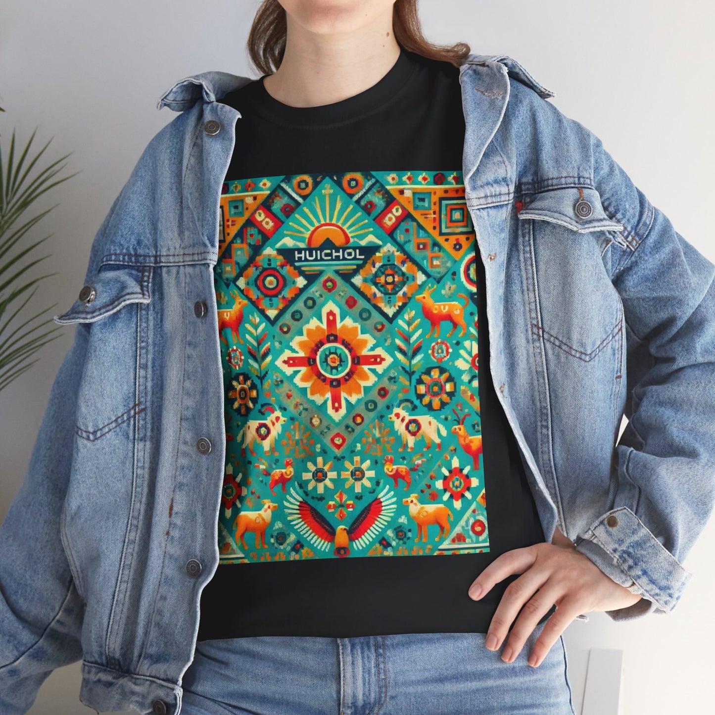 Huichol Nature's Symphony Unisex Tee - Sun and Flora Pattern - Large Design - 100% Cotton - Sustainable and Ethically Made - Express Delivery Available