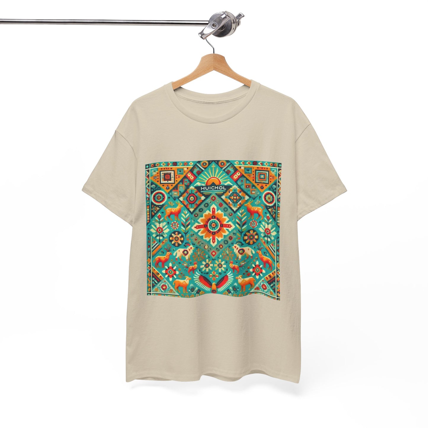 Huichol Nature's Symphony Unisex Tee - Sun and Flora Pattern - Medium Design - 100% Cotton - Sustainable and Ethically Made - Express Delivery Available