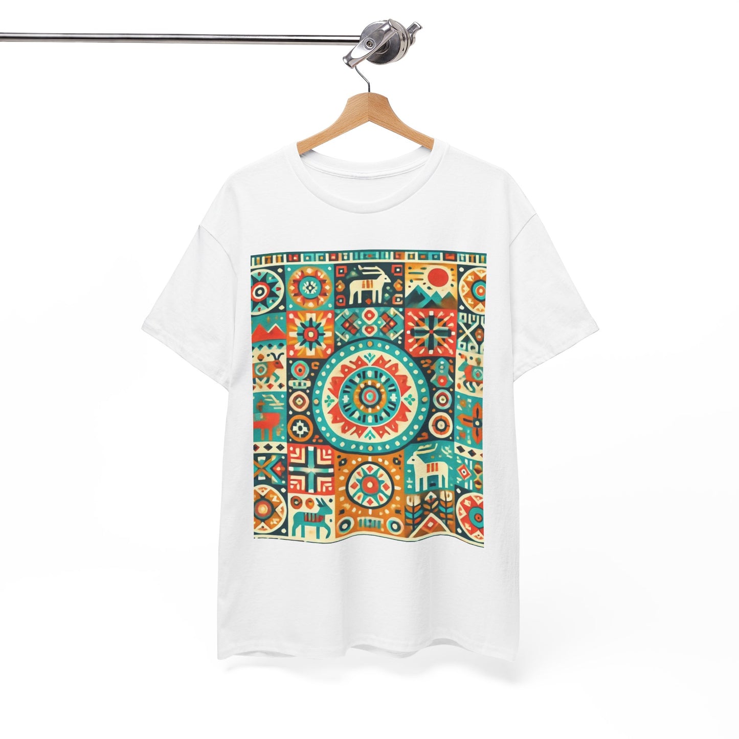 Huichol Geometric Harmony Unisex Tee - Vibrant Mosaic Pattern - Large Design - 100% Cotton - Sustainable and Ethically Made - Express Delivery Available