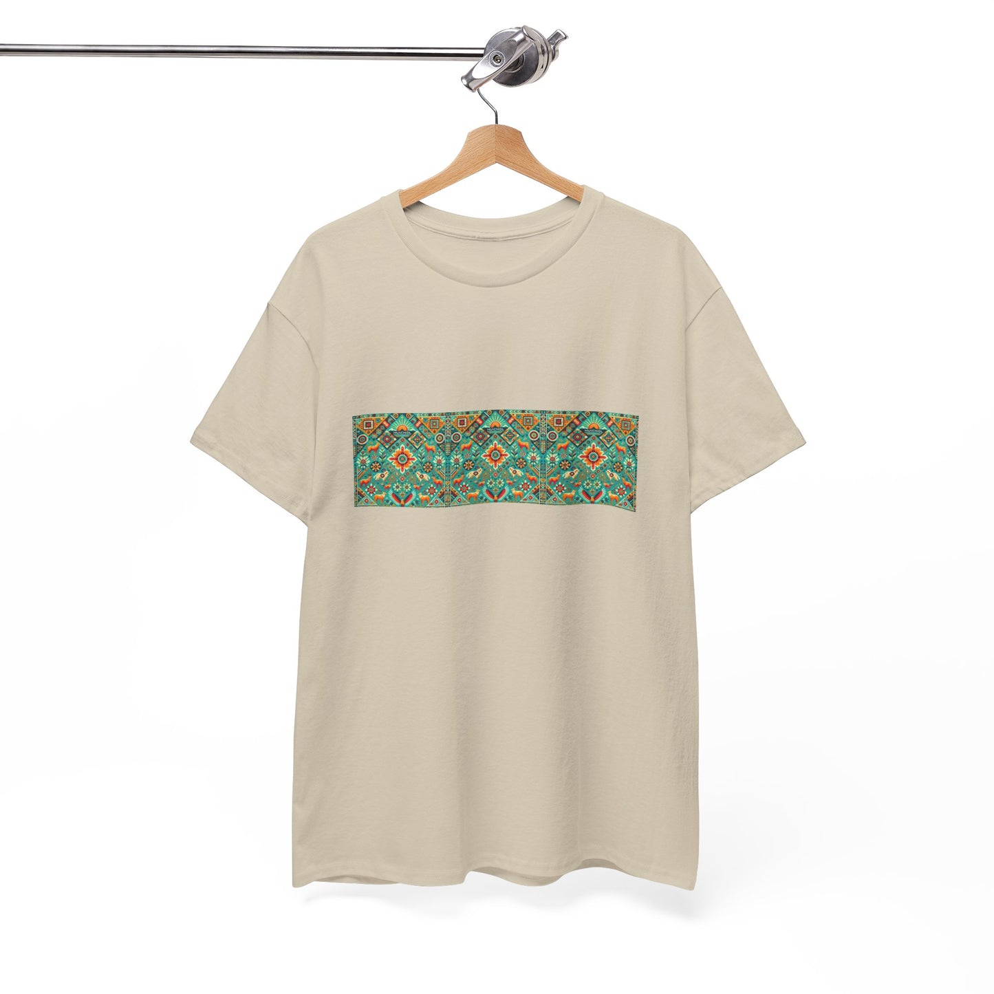 Huichol Nature's Symphony Unisex Tee - Sun and Flora Pattern - Triple Small Design - 100% Cotton - Sustainable and Ethically Made - Express Delivery Available