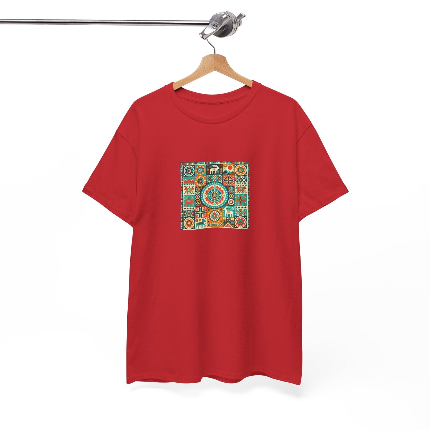 Huichol Geometric Harmony Unisex Tee - Vibrant Mosaic Pattern - Small Design - 100% Cotton - Sustainable and Ethically Made - Express Delivery Available