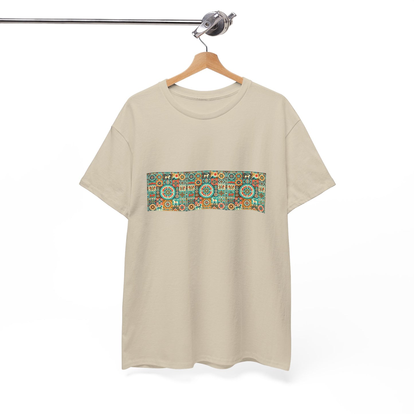 Huichol Geometric Harmony Unisex Tee - Vibrant Mosaic Pattern - Triple Small Design - 100% Cotton - Sustainable and Ethically Made - Express Delivery Available