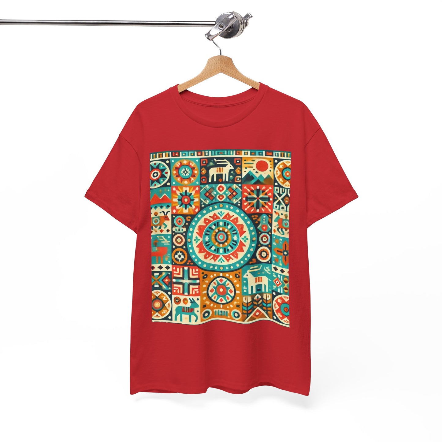 Huichol Geometric Harmony Unisex Tee - Vibrant Mosaic Pattern - Large Design - 100% Cotton - Sustainable and Ethically Made - Express Delivery Available