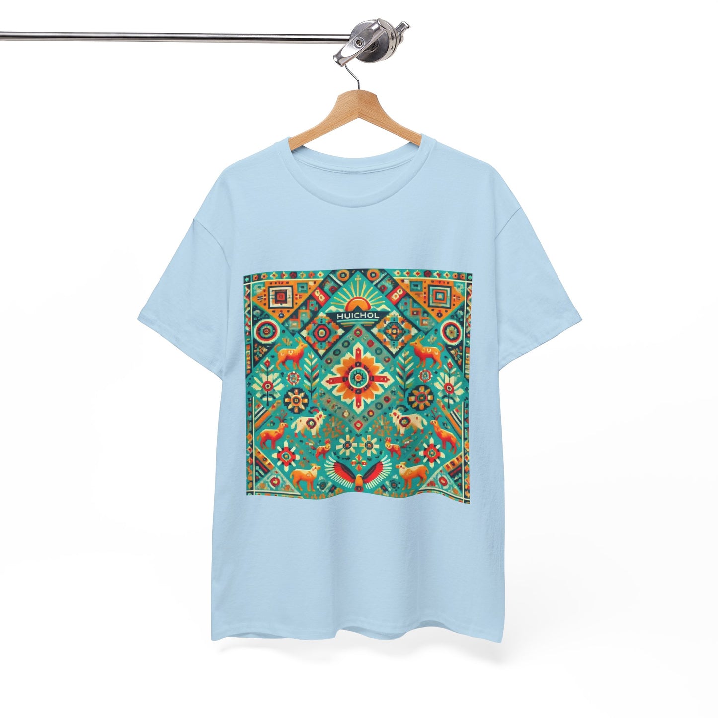 Huichol Nature's Symphony Unisex Tee - Sun and Flora Pattern - Medium Design - 100% Cotton - Sustainable and Ethically Made - Express Delivery Available