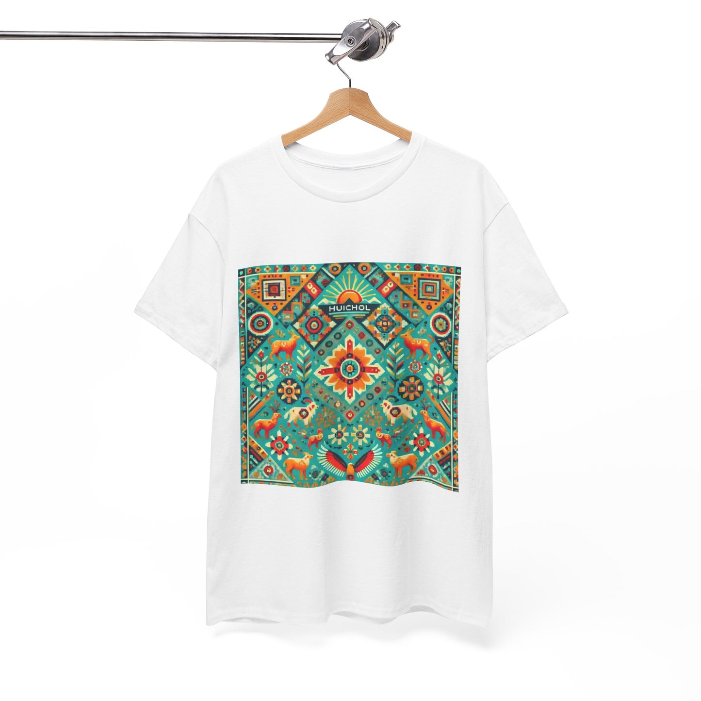 Huichol Nature's Symphony Unisex Tee - Sun and Flora Pattern - Medium Design - 100% Cotton - Sustainable and Ethically Made - Express Delivery Available