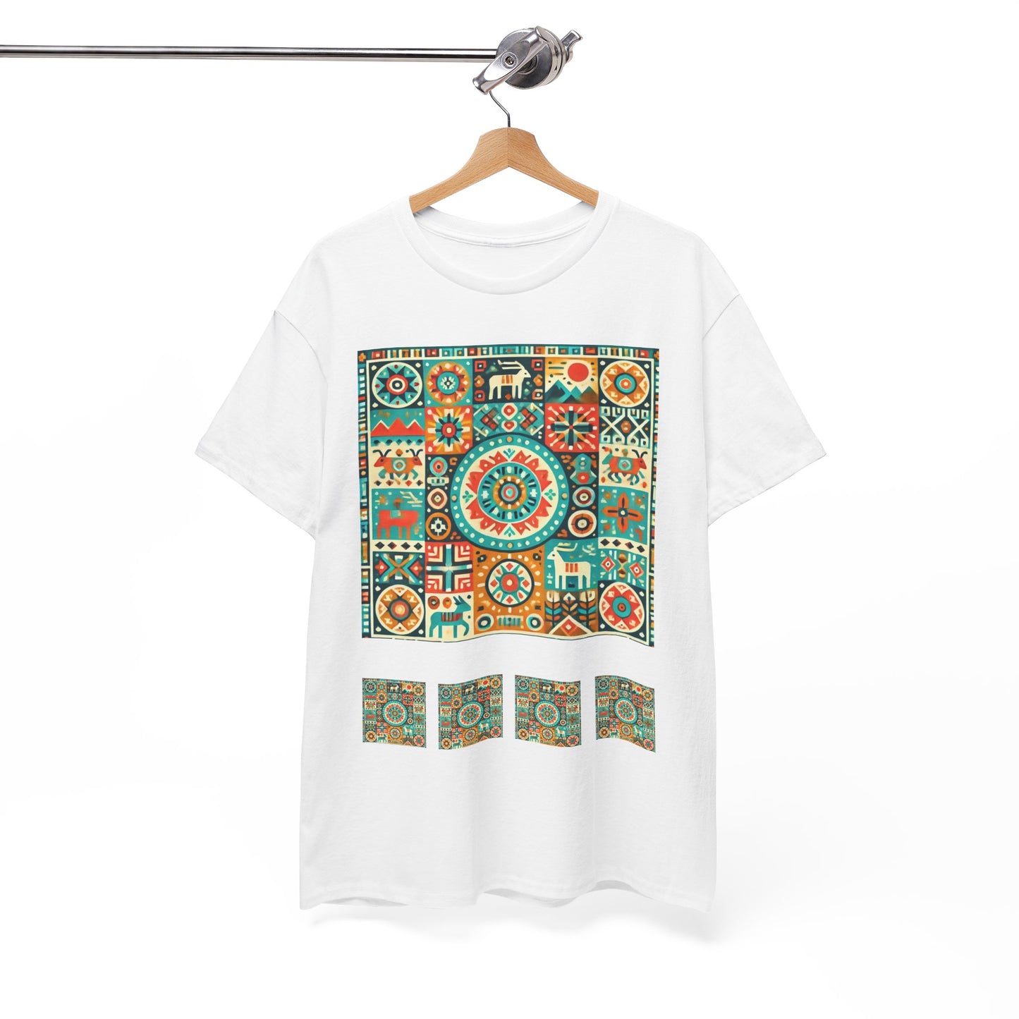 Huichol Geometric Harmony Unisex Tee - Vibrant Mosaic Pattern - Combo Design - 100% Cotton - Sustainable and Ethically Made - Express Delivery Available