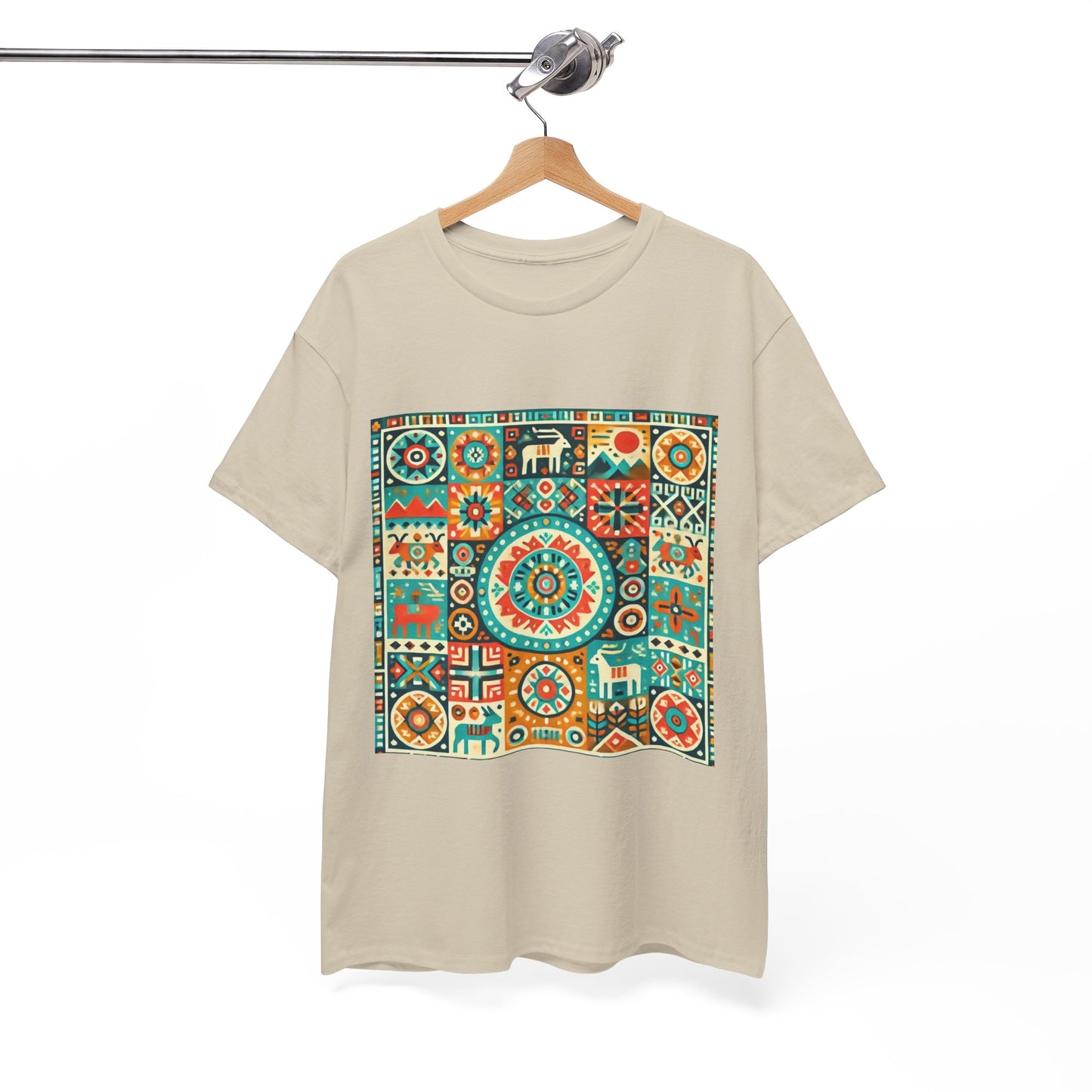 Huichol Geometric Harmony Unisex Tee - Vibrant Mosaic Pattern - Medium Design - 100% Cotton - Sustainable and Ethically Made - Express Delivery Available