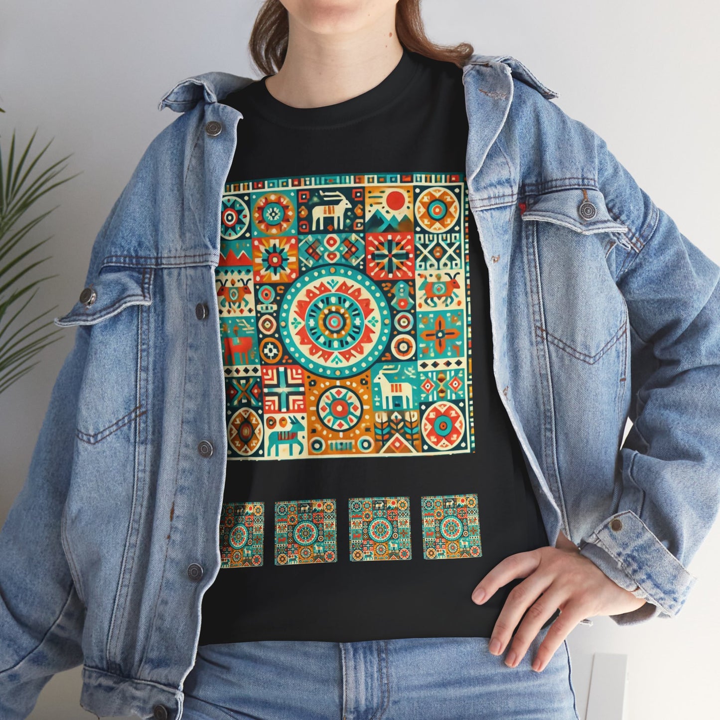 Huichol Geometric Harmony Unisex Tee - Vibrant Mosaic Pattern - Combo Design - 100% Cotton - Sustainable and Ethically Made - Express Delivery Available