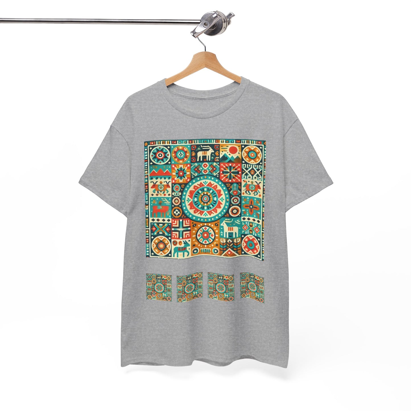 Huichol Geometric Harmony Unisex Tee - Vibrant Mosaic Pattern - Combo Design - 100% Cotton - Sustainable and Ethically Made - Express Delivery Available