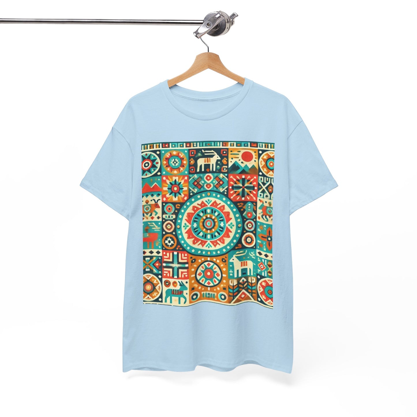 Huichol Geometric Harmony Unisex Tee - Vibrant Mosaic Pattern - Large Design - 100% Cotton - Sustainable and Ethically Made - Express Delivery Available