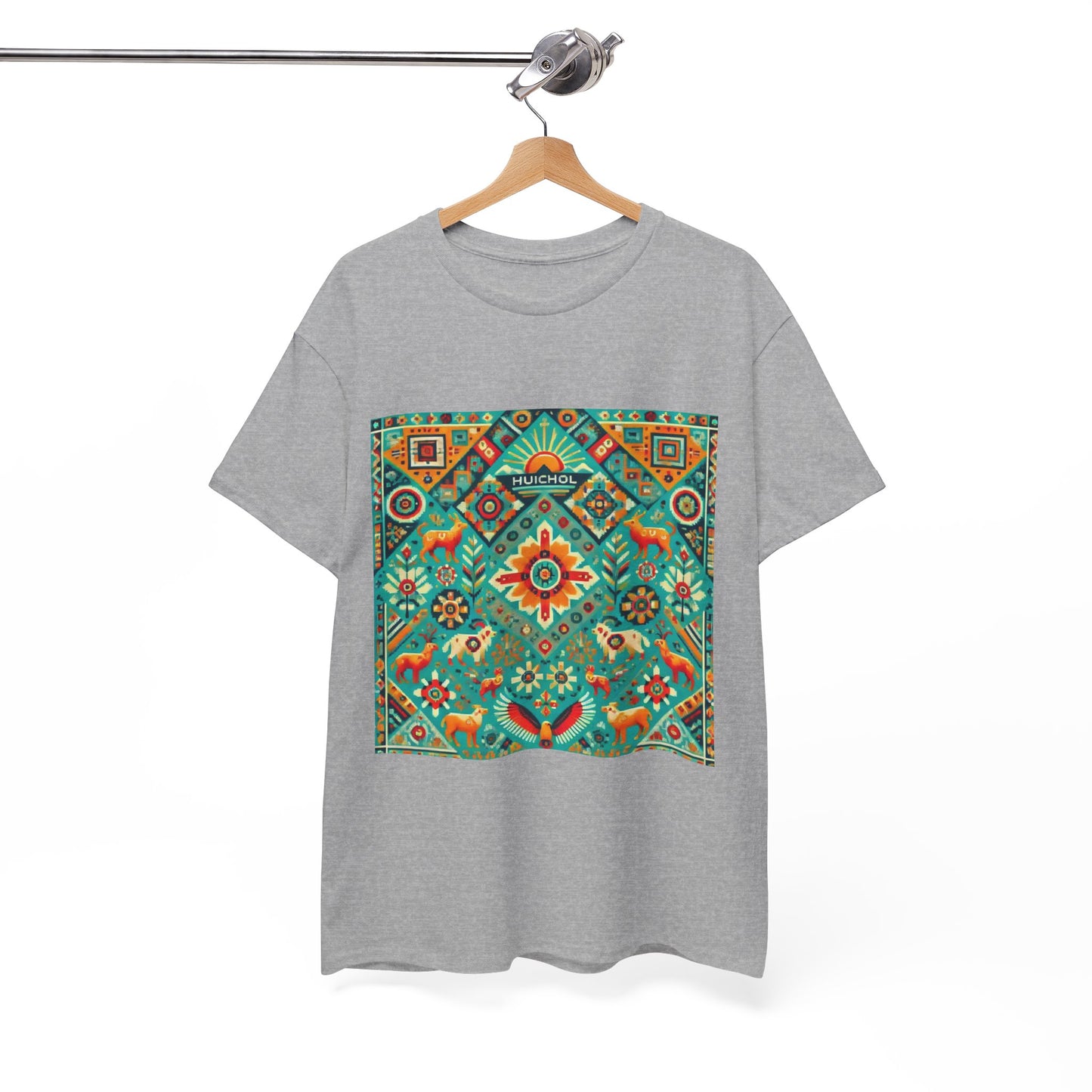 Huichol Nature's Symphony Unisex Tee - Sun and Flora Pattern - Medium Design - 100% Cotton - Sustainable and Ethically Made - Express Delivery Available