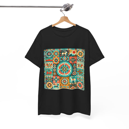 Huichol Geometric Harmony Unisex Tee - Vibrant Mosaic Pattern - Medium Design - 100% Cotton - Sustainable and Ethically Made - Express Delivery Available