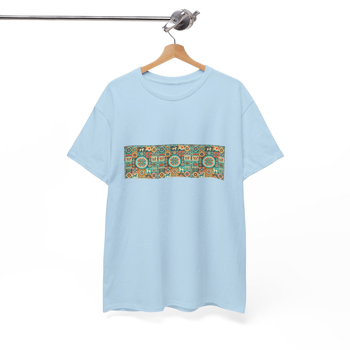 Huichol Geometric Harmony Unisex Tee - Vibrant Mosaic Pattern - Triple Small Design - 100% Cotton - Sustainable and Ethically Made - Express Delivery Available