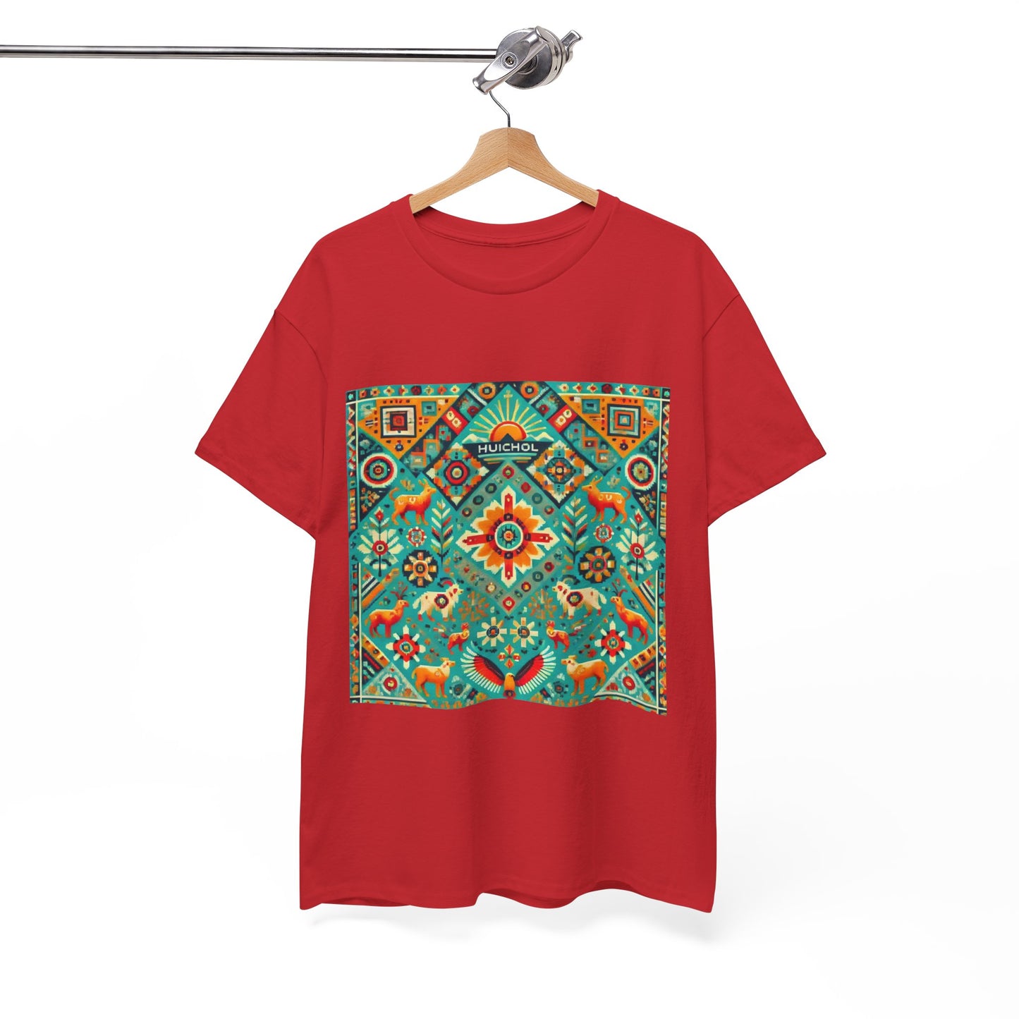 Huichol Nature's Symphony Unisex Tee - Sun and Flora Pattern - Medium Design - 100% Cotton - Sustainable and Ethically Made - Express Delivery Available