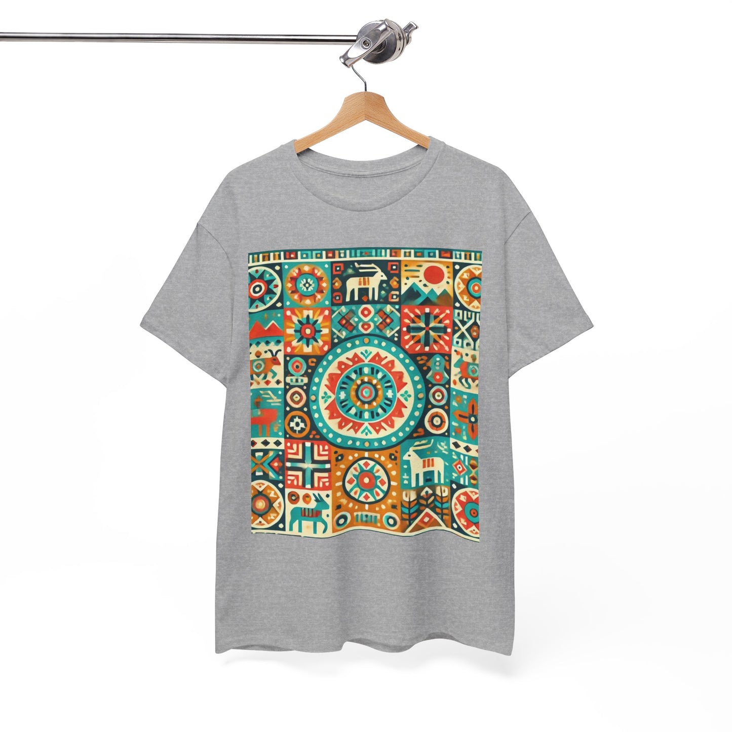 Huichol Geometric Harmony Unisex Tee - Vibrant Mosaic Pattern - Large Design - 100% Cotton - Sustainable and Ethically Made - Express Delivery Available