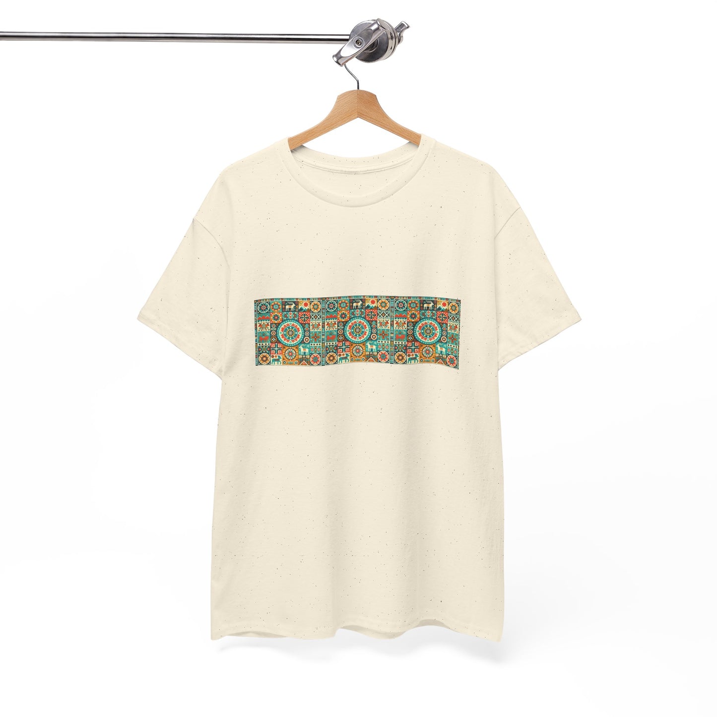 Huichol Geometric Harmony Unisex Tee - Vibrant Mosaic Pattern - Triple Small Design - 100% Cotton - Sustainable and Ethically Made - Express Delivery Available