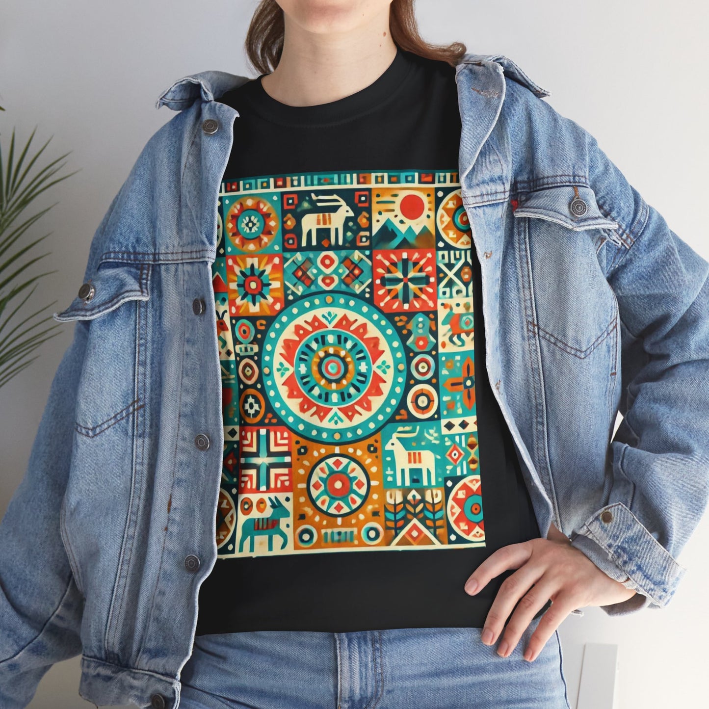 Huichol Geometric Harmony Unisex Tee - Vibrant Mosaic Pattern - Large Design - 100% Cotton - Sustainable and Ethically Made - Express Delivery Available