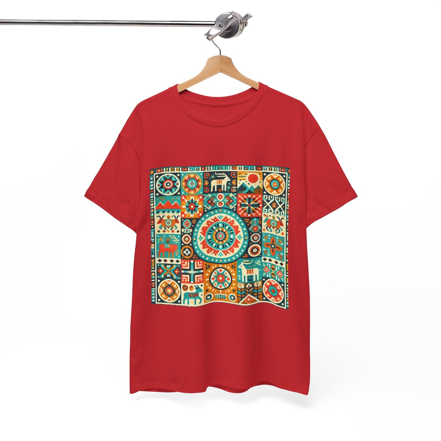 Huichol Geometric Harmony Unisex Tee - Vibrant Mosaic Pattern - Medium Design - 100% Cotton - Sustainable and Ethically Made - Express Delivery Available