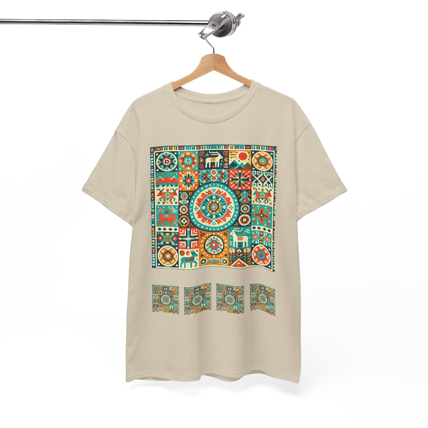 Huichol Geometric Harmony Unisex Tee - Vibrant Mosaic Pattern - Combo Design - 100% Cotton - Sustainable and Ethically Made - Express Delivery Available