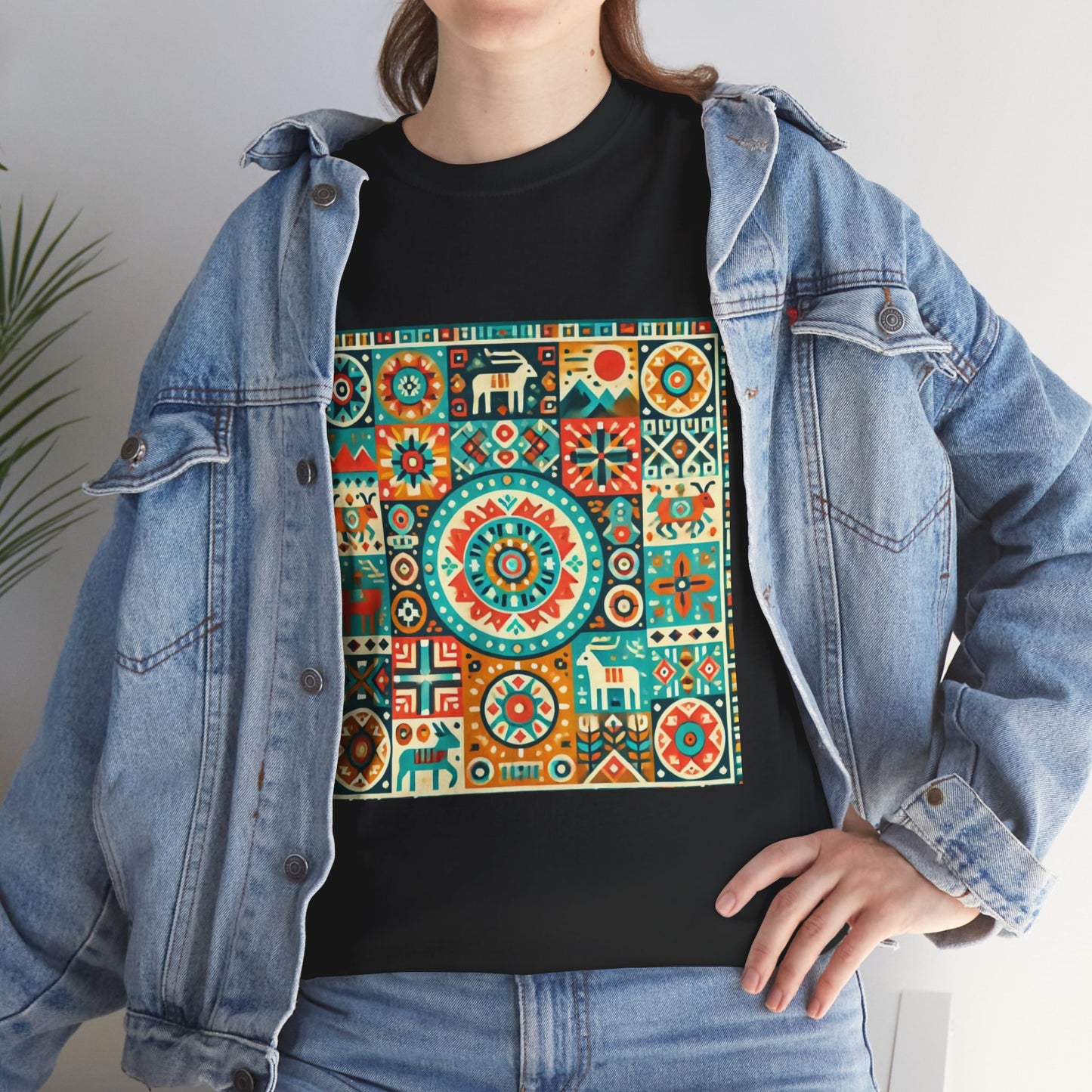 Huichol Geometric Harmony Unisex Tee - Vibrant Mosaic Pattern - Medium Design - 100% Cotton - Sustainable and Ethically Made - Express Delivery Available