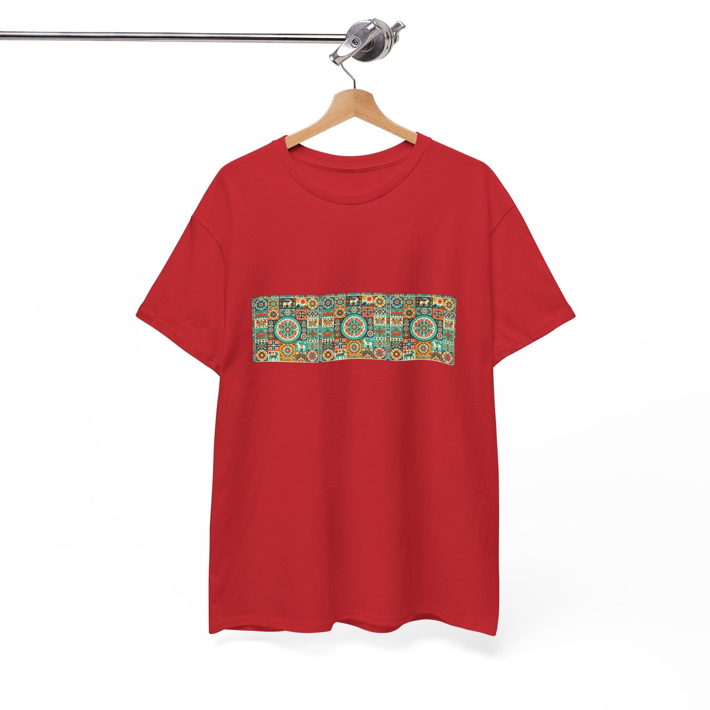 Huichol Geometric Harmony Unisex Tee - Vibrant Mosaic Pattern - Triple Small Design - 100% Cotton - Sustainable and Ethically Made - Express Delivery Available