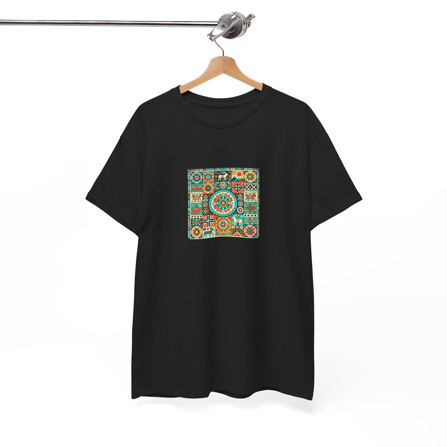 Huichol Geometric Harmony Unisex Tee - Vibrant Mosaic Pattern - Small Design - 100% Cotton - Sustainable and Ethically Made - Express Delivery Available