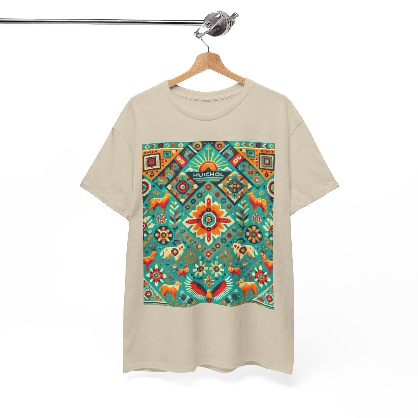 Huichol Nature's Symphony Unisex Tee - Sun and Flora Pattern - Large Design - 100% Cotton - Sustainable and Ethically Made - Express Delivery Available