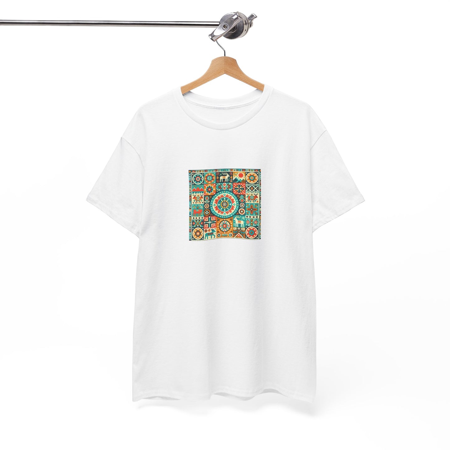 Huichol Geometric Harmony Unisex Tee - Vibrant Mosaic Pattern - Small Design - 100% Cotton - Sustainable and Ethically Made - Express Delivery Available