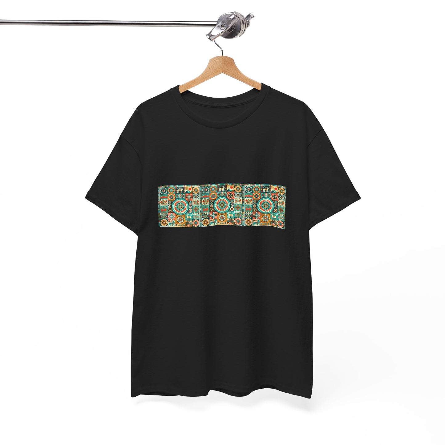 Huichol Geometric Harmony Unisex Tee - Vibrant Mosaic Pattern - Triple Small Design - 100% Cotton - Sustainable and Ethically Made - Express Delivery Available