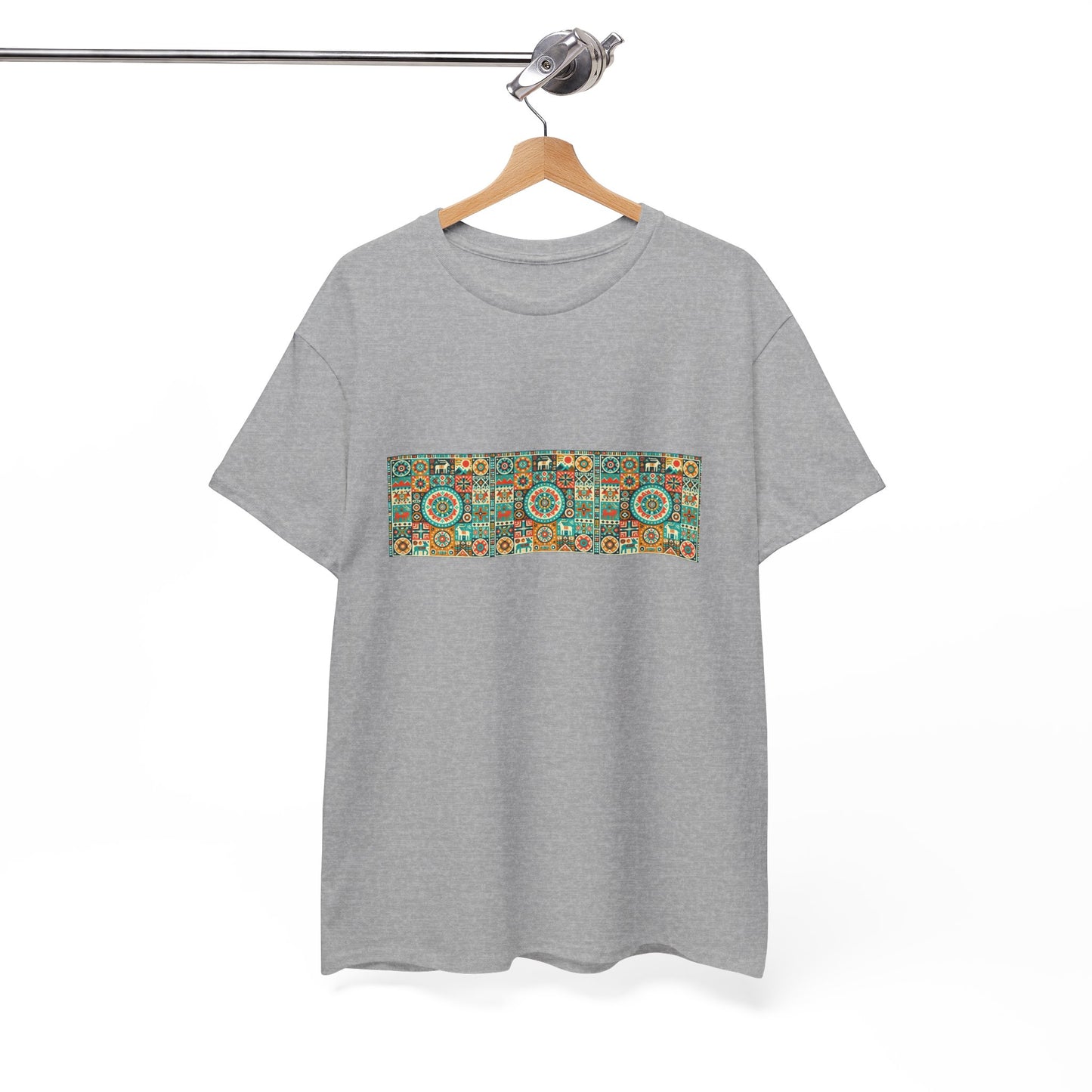 Huichol Geometric Harmony Unisex Tee - Vibrant Mosaic Pattern - Triple Small Design - 100% Cotton - Sustainable and Ethically Made - Express Delivery Available