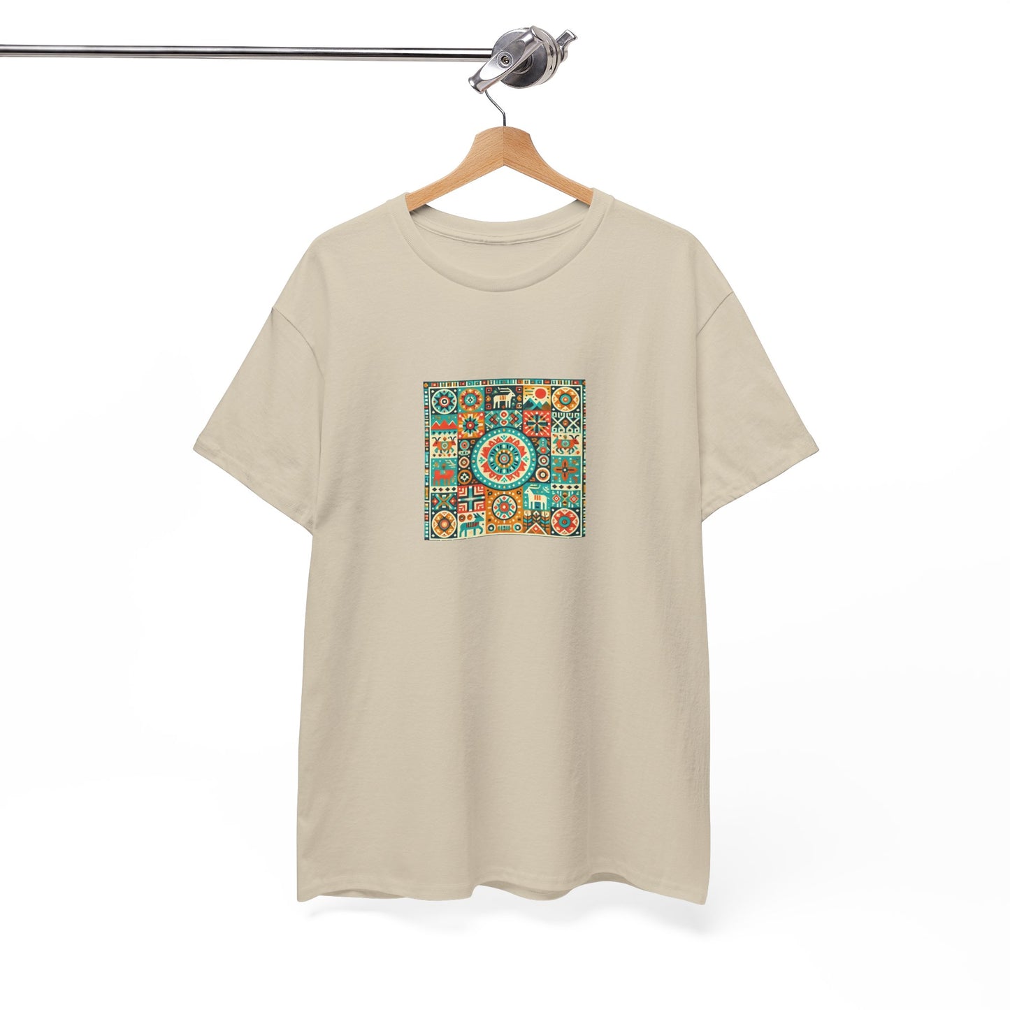 Huichol Geometric Harmony Unisex Tee - Vibrant Mosaic Pattern - Small Design - 100% Cotton - Sustainable and Ethically Made - Express Delivery Available