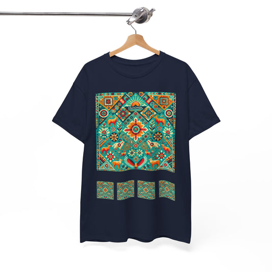 Huichol Nature's Symphony Unisex Tee - Sun and Flora Pattern - Combo Design - 100% Cotton - Sustainable and Ethically Made - Express Delivery Available