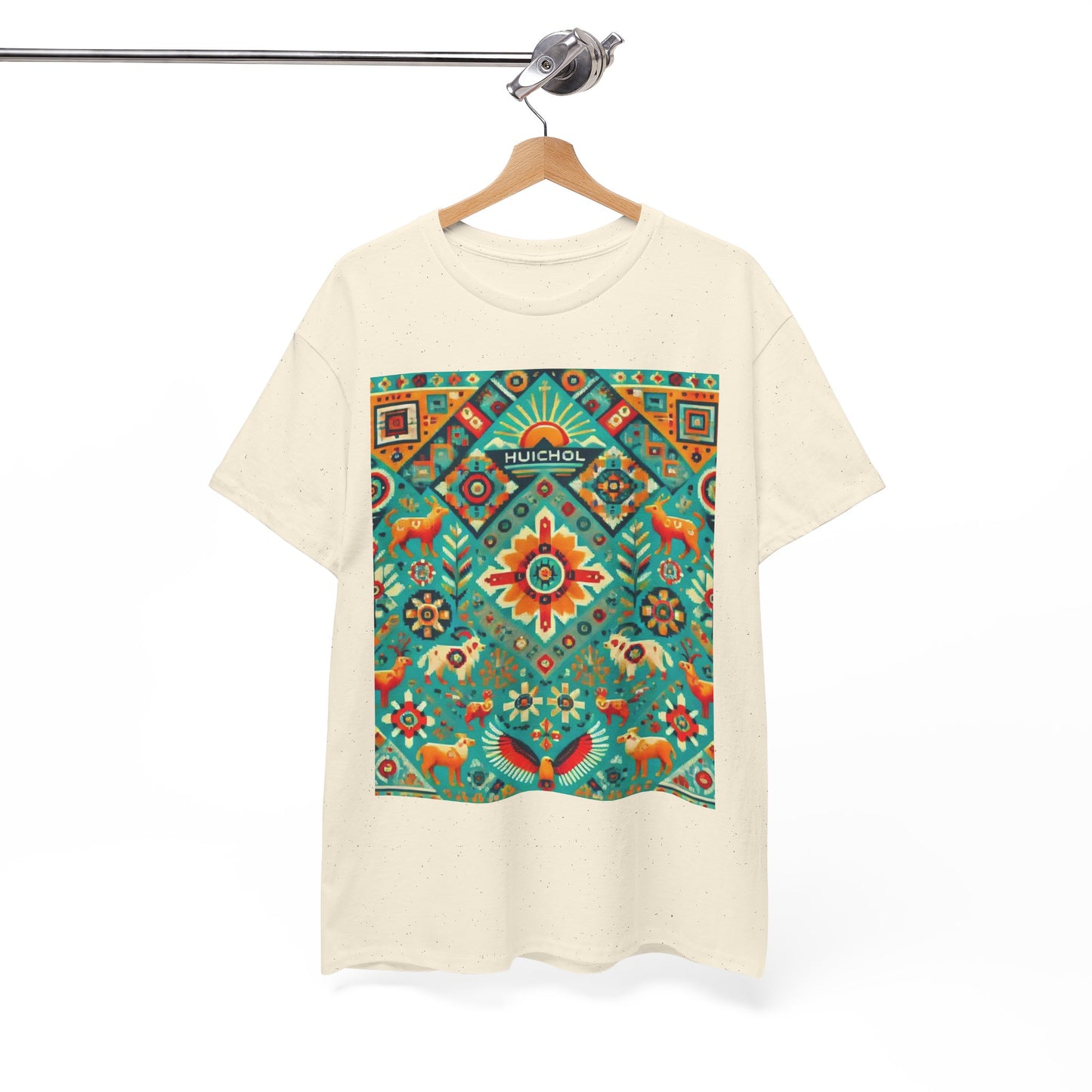 Huichol Nature's Symphony Unisex Tee - Sun and Flora Pattern - Large Design - 100% Cotton - Sustainable and Ethically Made - Express Delivery Available