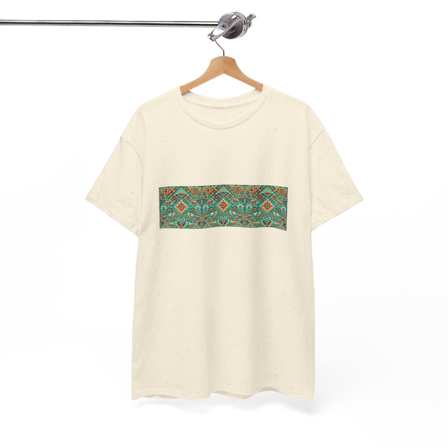 Huichol Nature's Symphony Unisex Tee - Sun and Flora Pattern - Triple Small Design - 100% Cotton - Sustainable and Ethically Made - Express Delivery Available